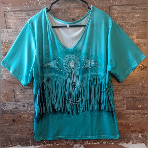 New Turquoise Green Faux Fringe Look Tee - Picture 6 of 15
